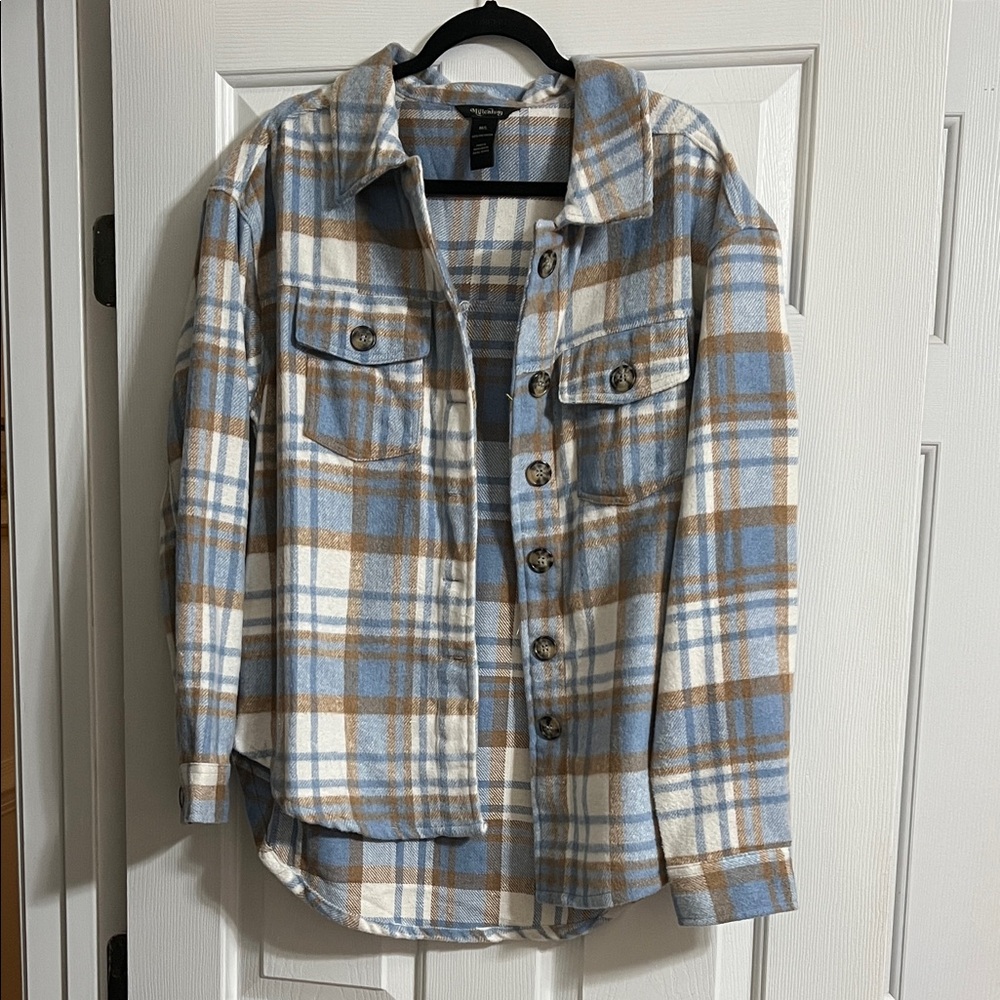 Millenium Blue Tan and Cream Plaid Button Down Collared Jacket Size M/L